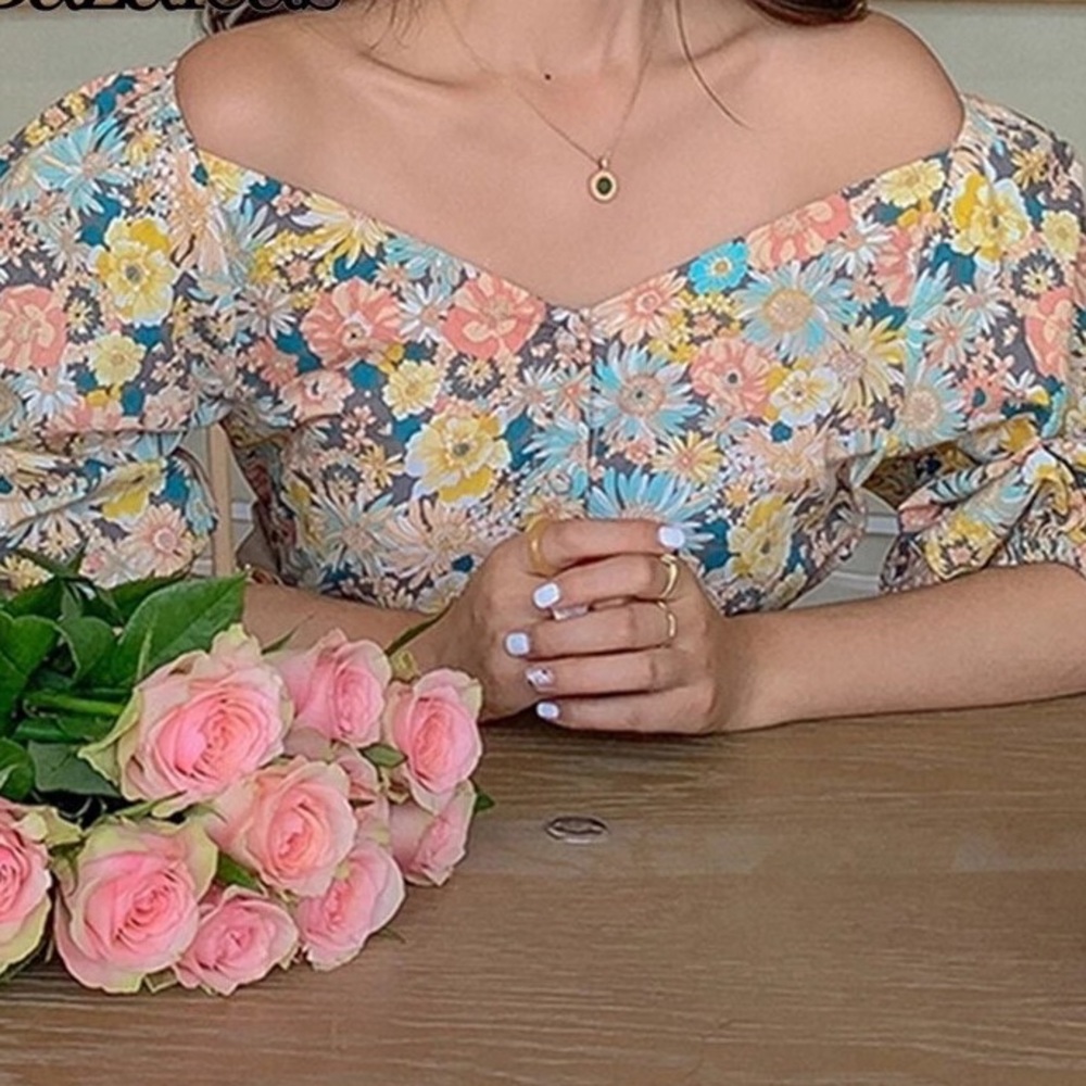 Floral blouse shirt top flower womens multicolor button up